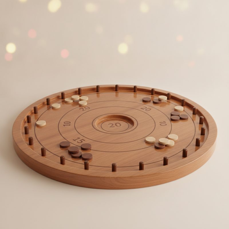 Representative round wooden crokinole board with light and dark discs in play