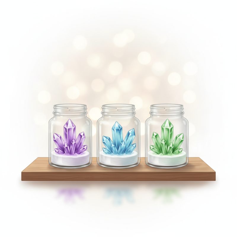 Representative jars of colourful home-grown crystals from a science kit