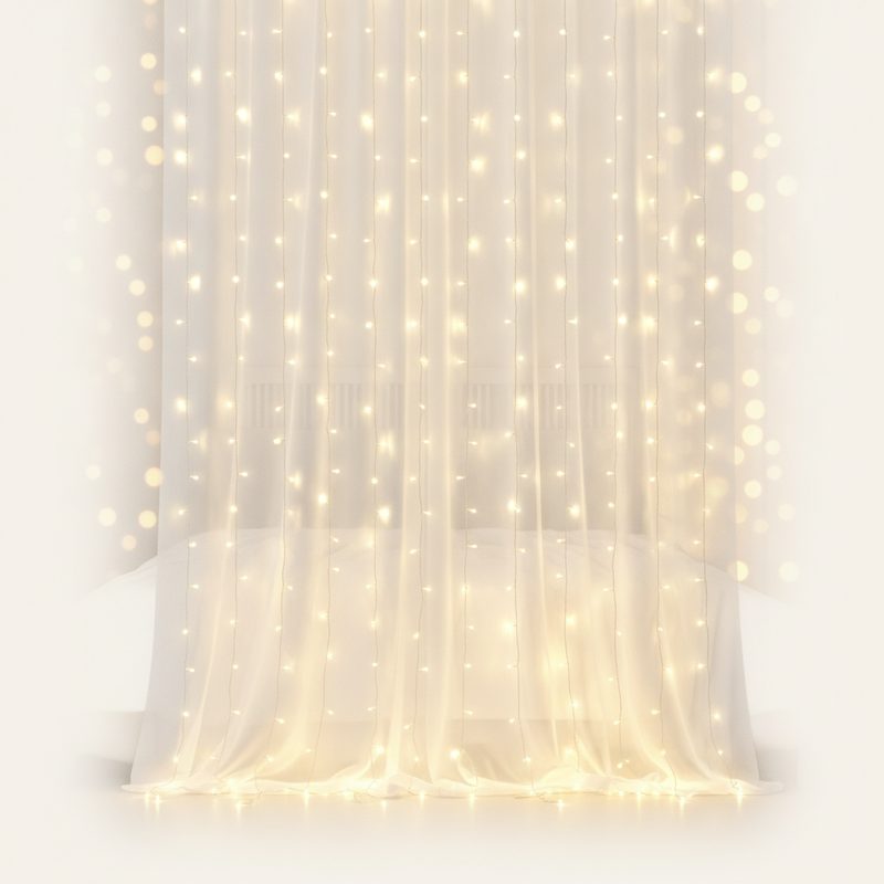 Representative curtain of warm string lights hanging against a bedroom wall