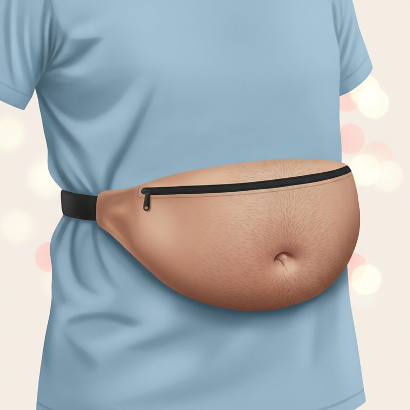 Representative fanny pack printed to look like a hairy belly, worn over a t-shirt