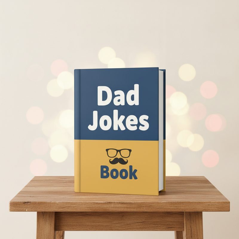 Representative hardcover joke book resting on a living room armchair