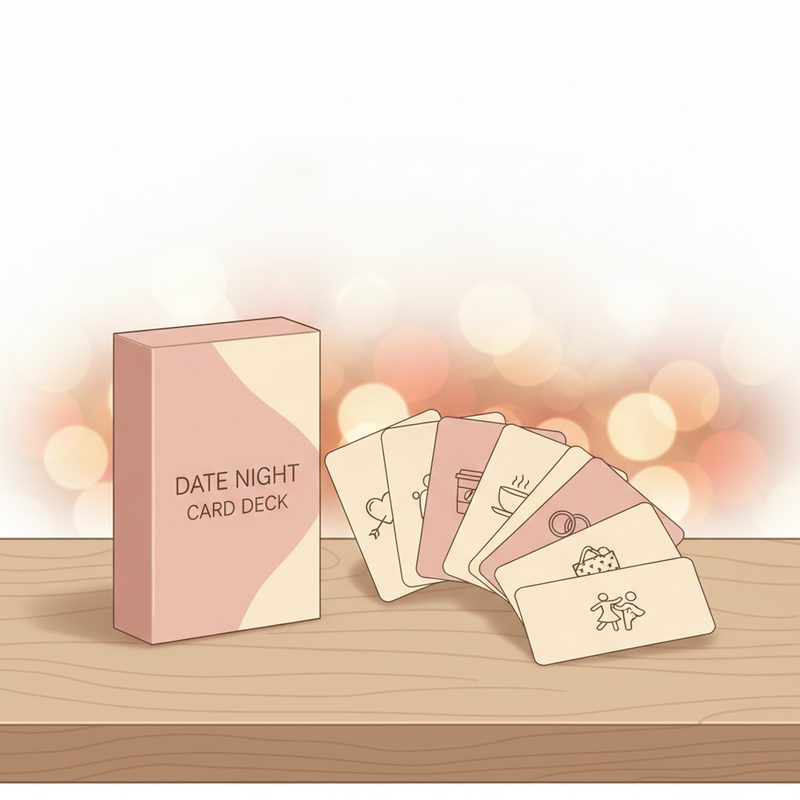 Representative deck of date night idea cards fanned out on a coffee table