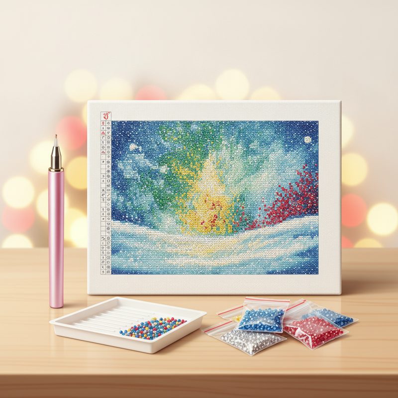 Representative diamond painting canvas with sorting tray and applicator pen