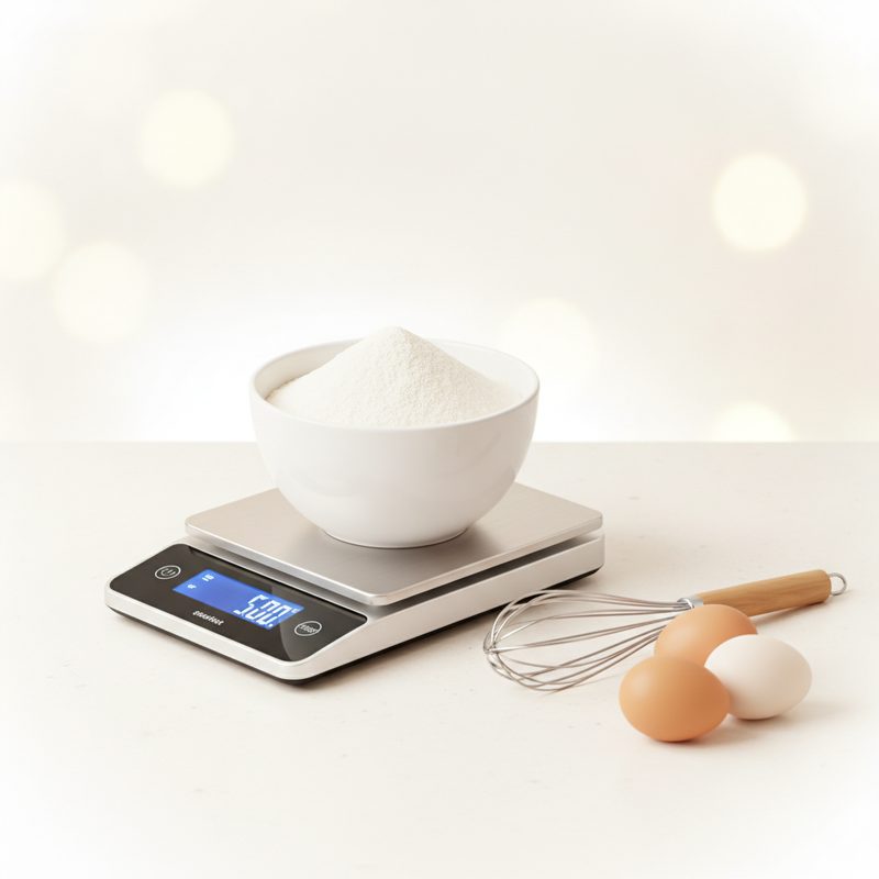 Representative slim digital kitchen scale weighing a bowl of flour on a counter