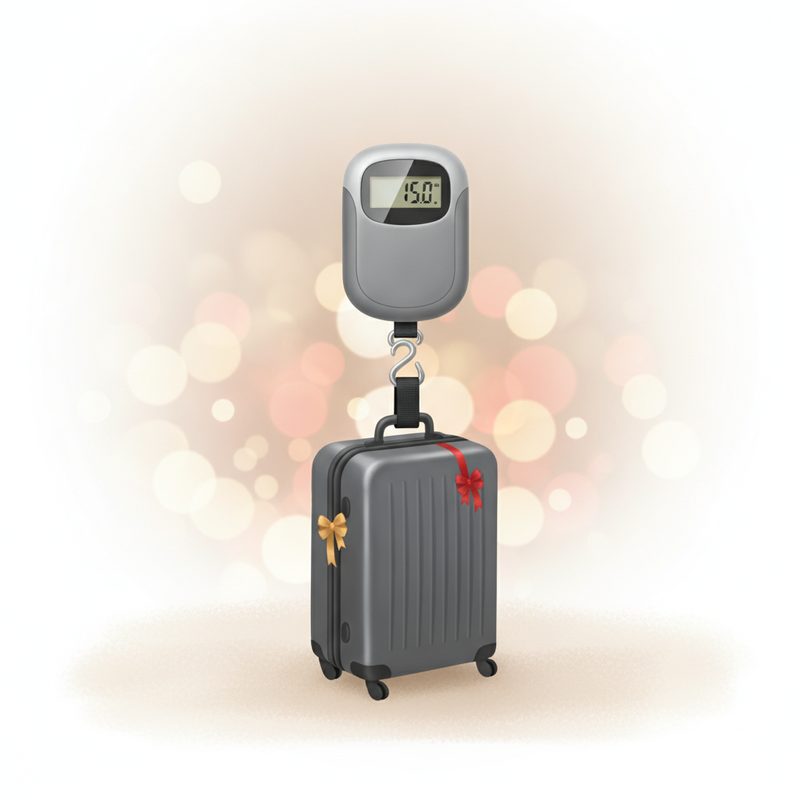 Representative handheld digital luggage scale lifting a packed suitcase by its handle
