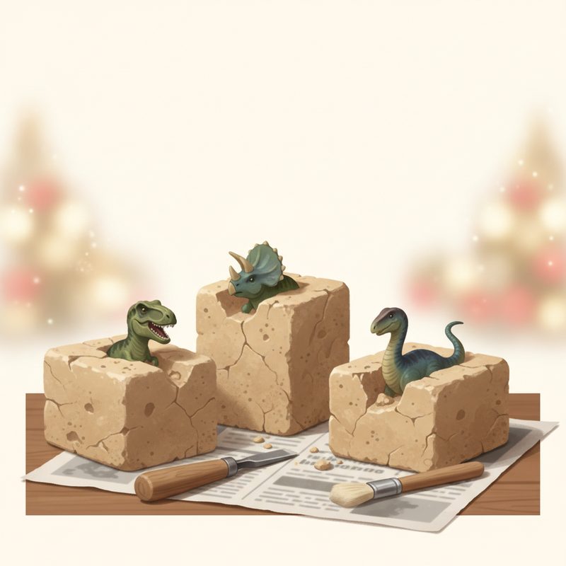 Representative dig blocks, brushes, and small dinosaur figures on a kitchen table