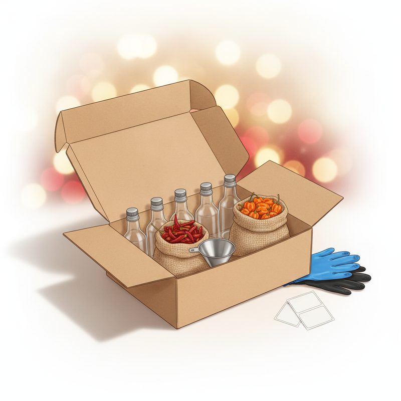 Representative hot sauce making kit with glass bottles, dried chilies, and a funnel
