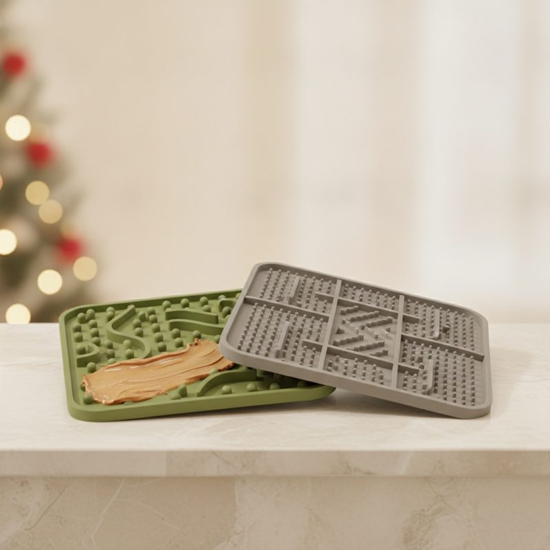 Representative textured silicone mats spread with soft dog snacks