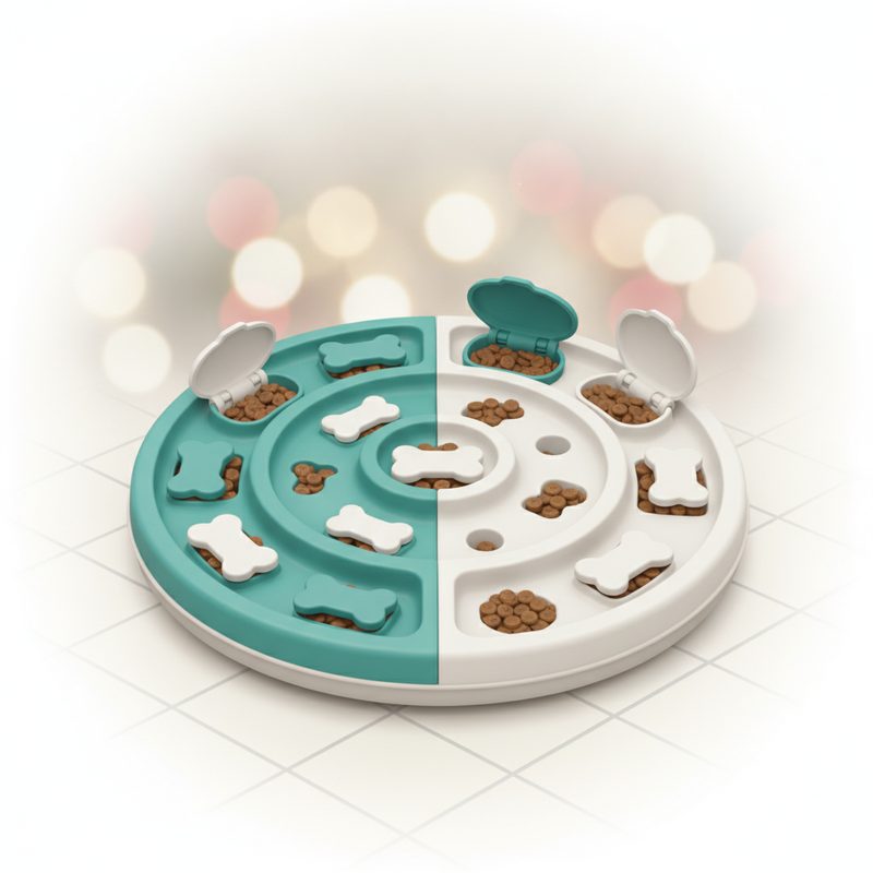 Representative plastic puzzle feeder with sliding compartments for kibble