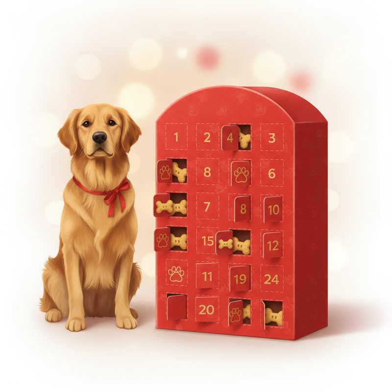 Representative festive countdown box with paw-print doors and small dog biscuits beside a happy dog