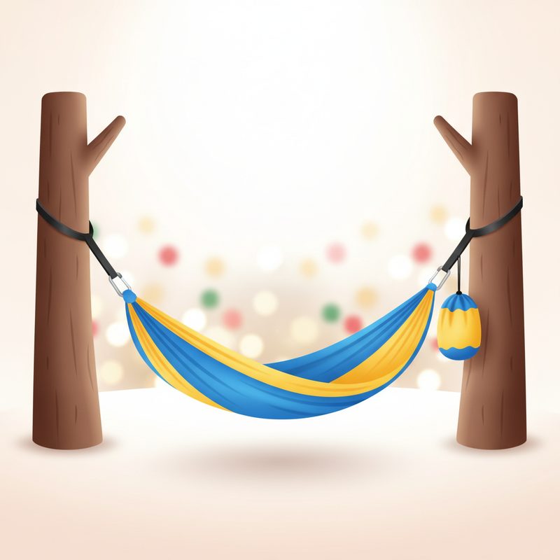 Representative double camping hammock strung between two trees near a lake