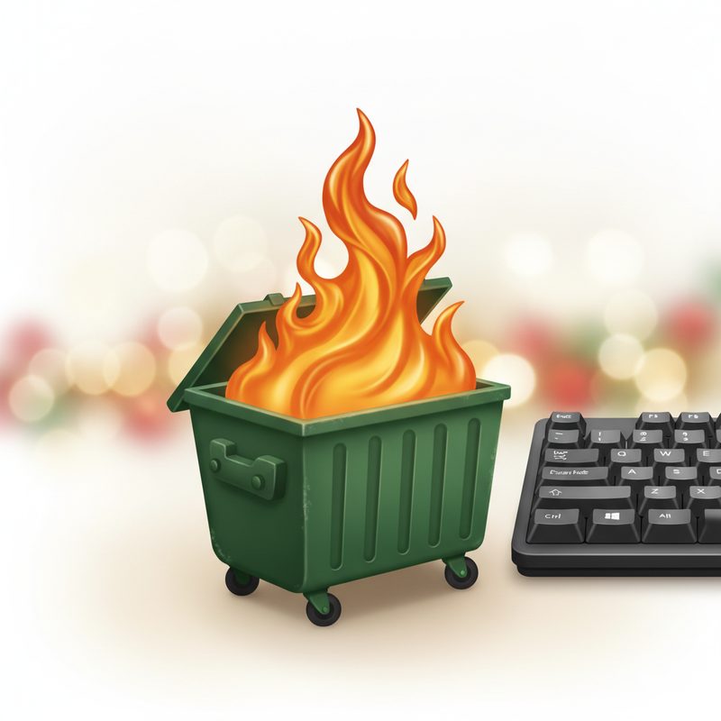 Representative miniature dumpster figure with sculpted flames on a desk