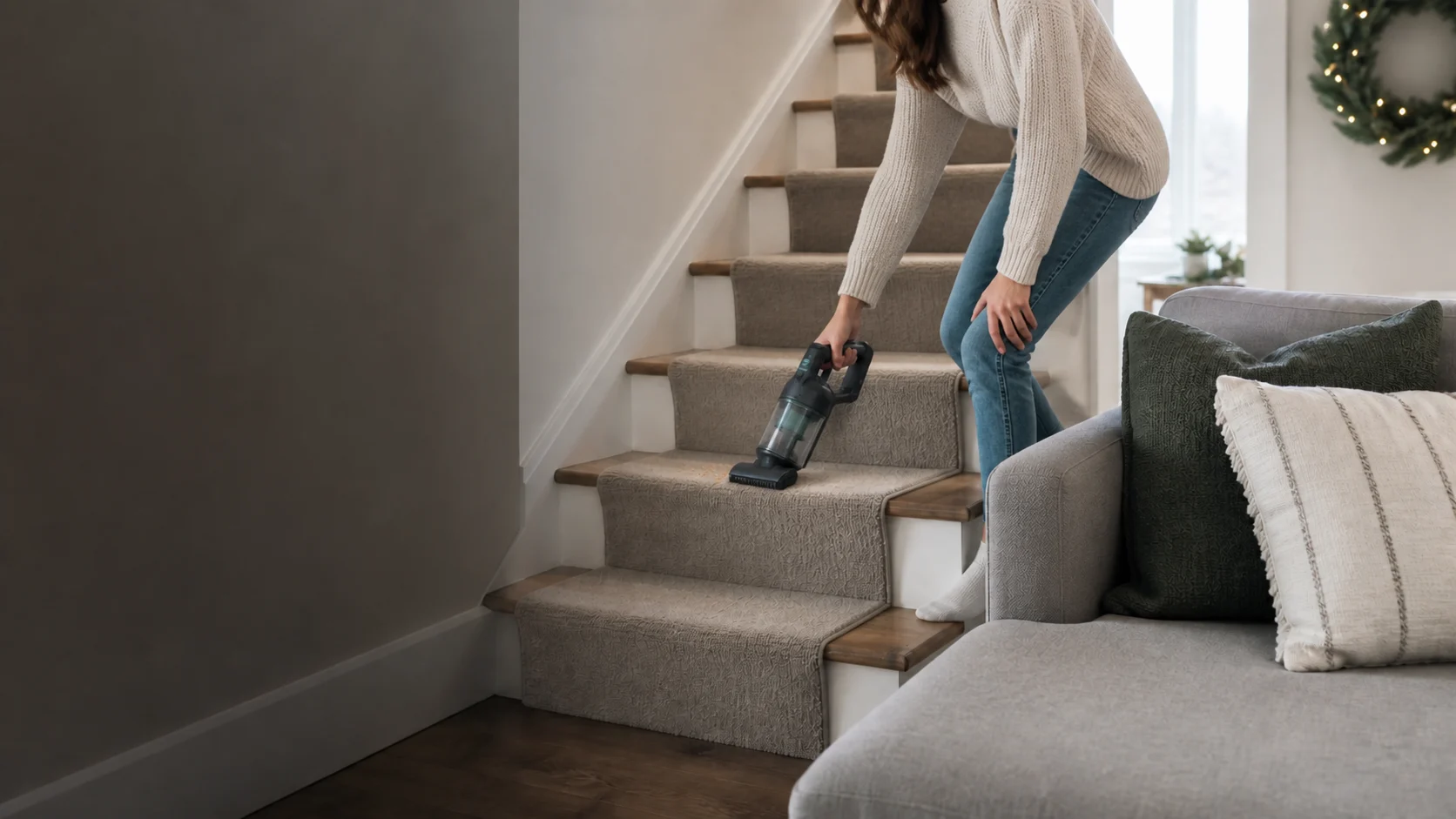Representative lightweight cordless handheld vacuum cleaning carpeted stairs
