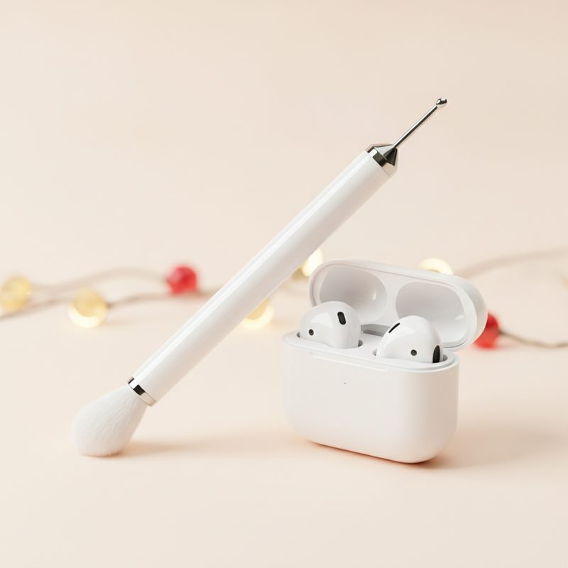Representative slim cleaning pen with brush tip beside wireless earbuds in a case