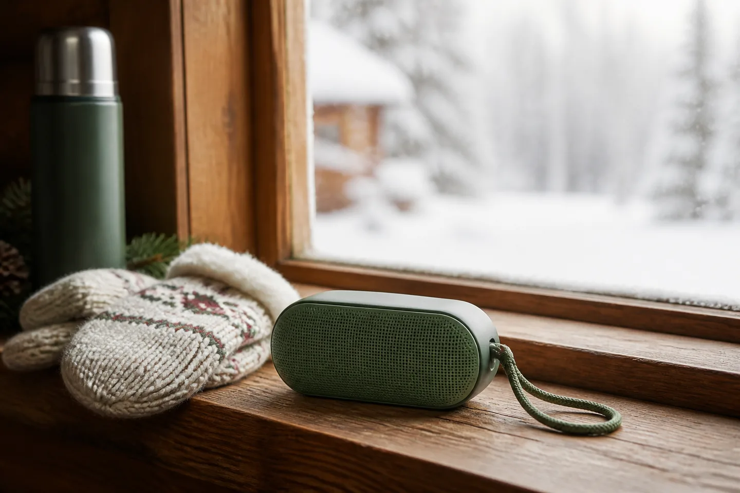 Representative compact speaker with a lanyard on a winter cabin windowsill