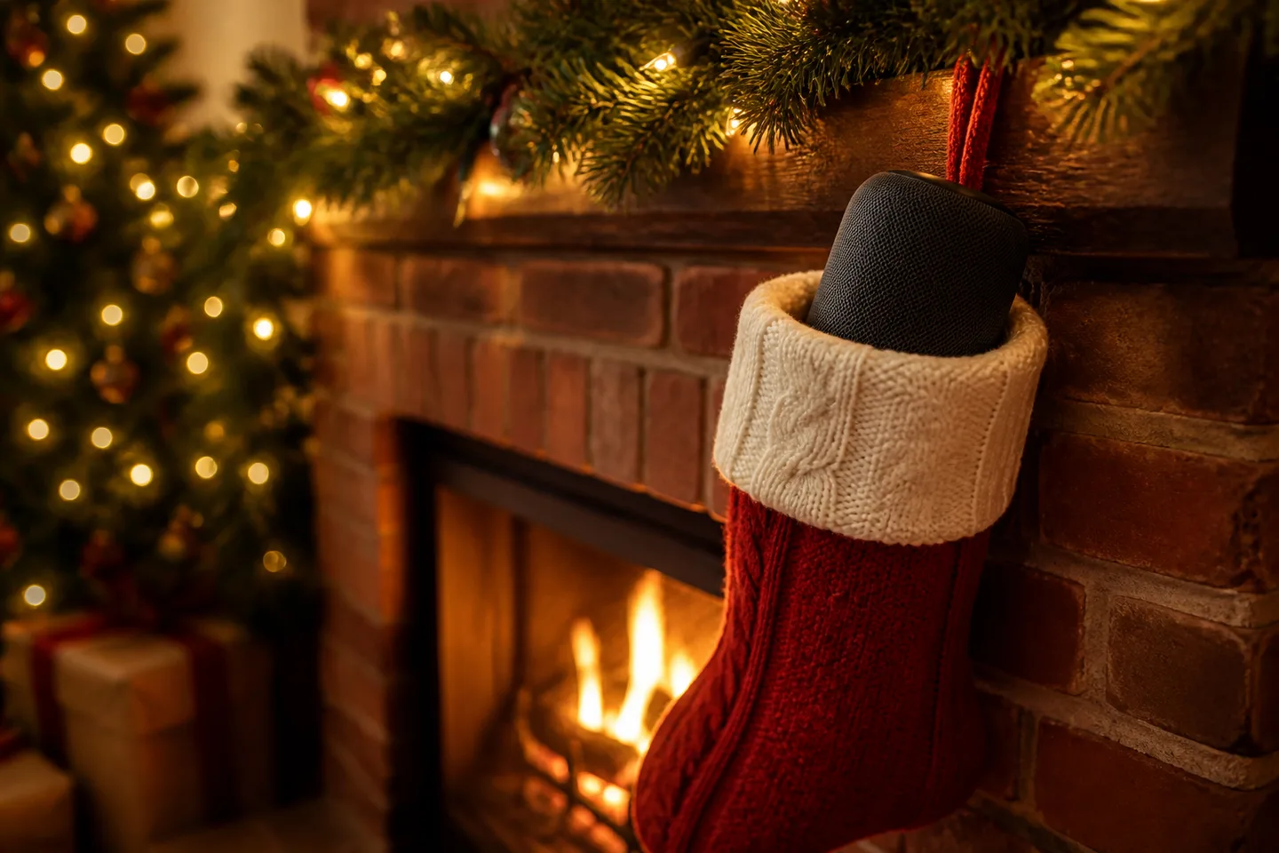 Representative pill-shaped portable speaker tucked into a Christmas stocking