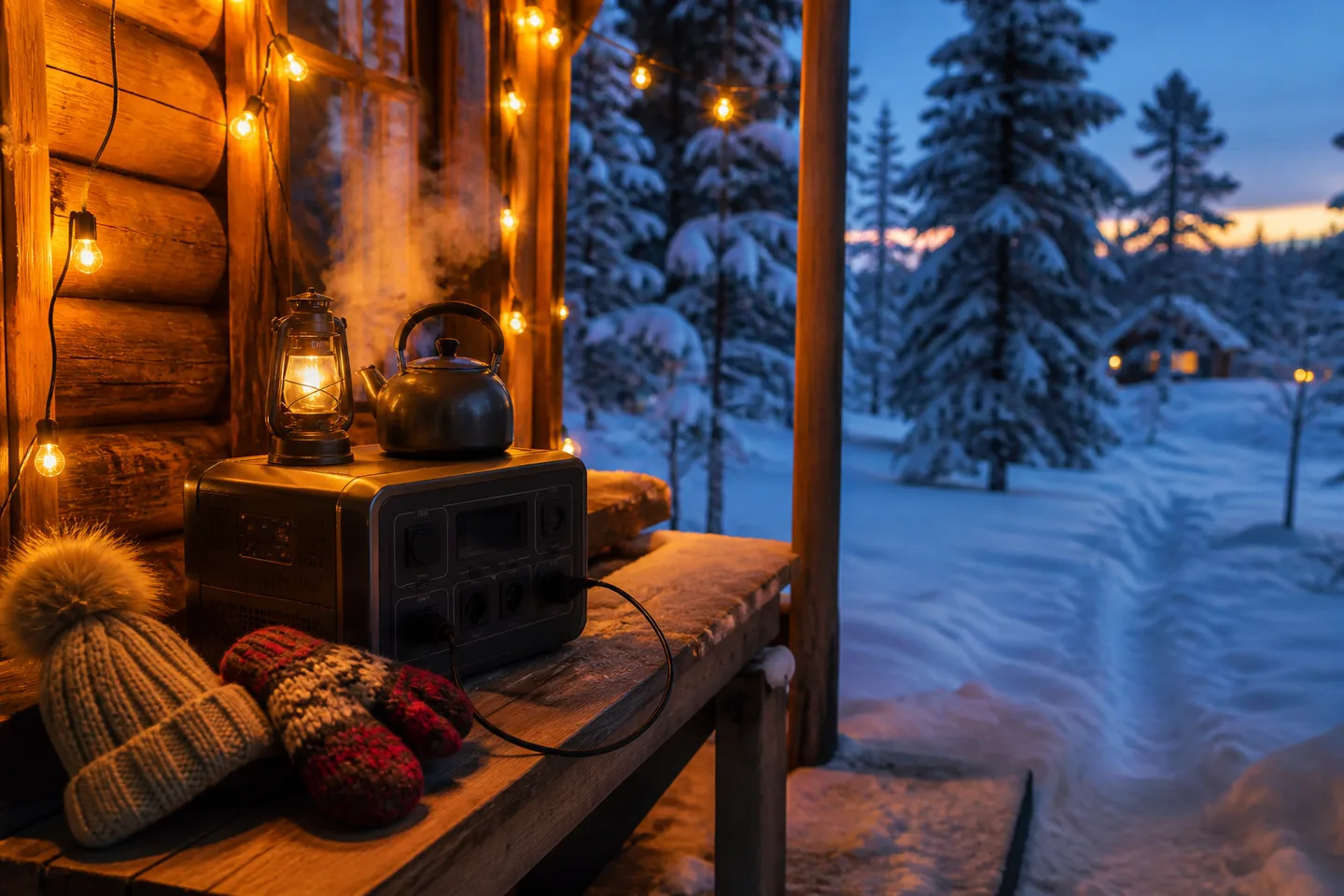 Representative power station supplying small plug-in loads on a snowy cabin porch