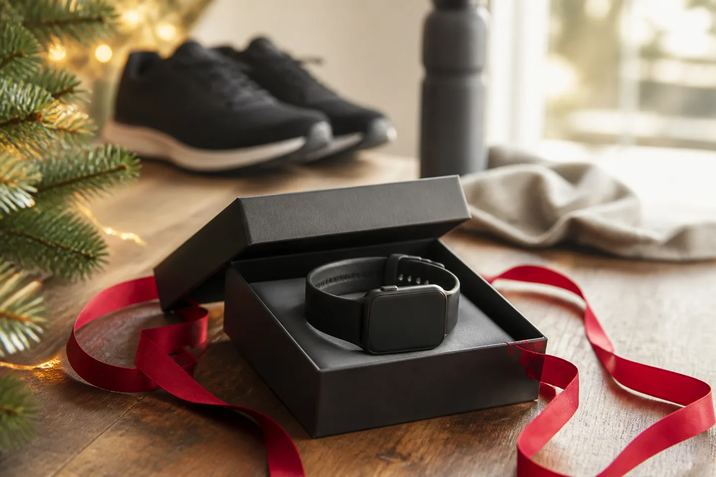 Representative slim black smartwatch arranged in an open gift box