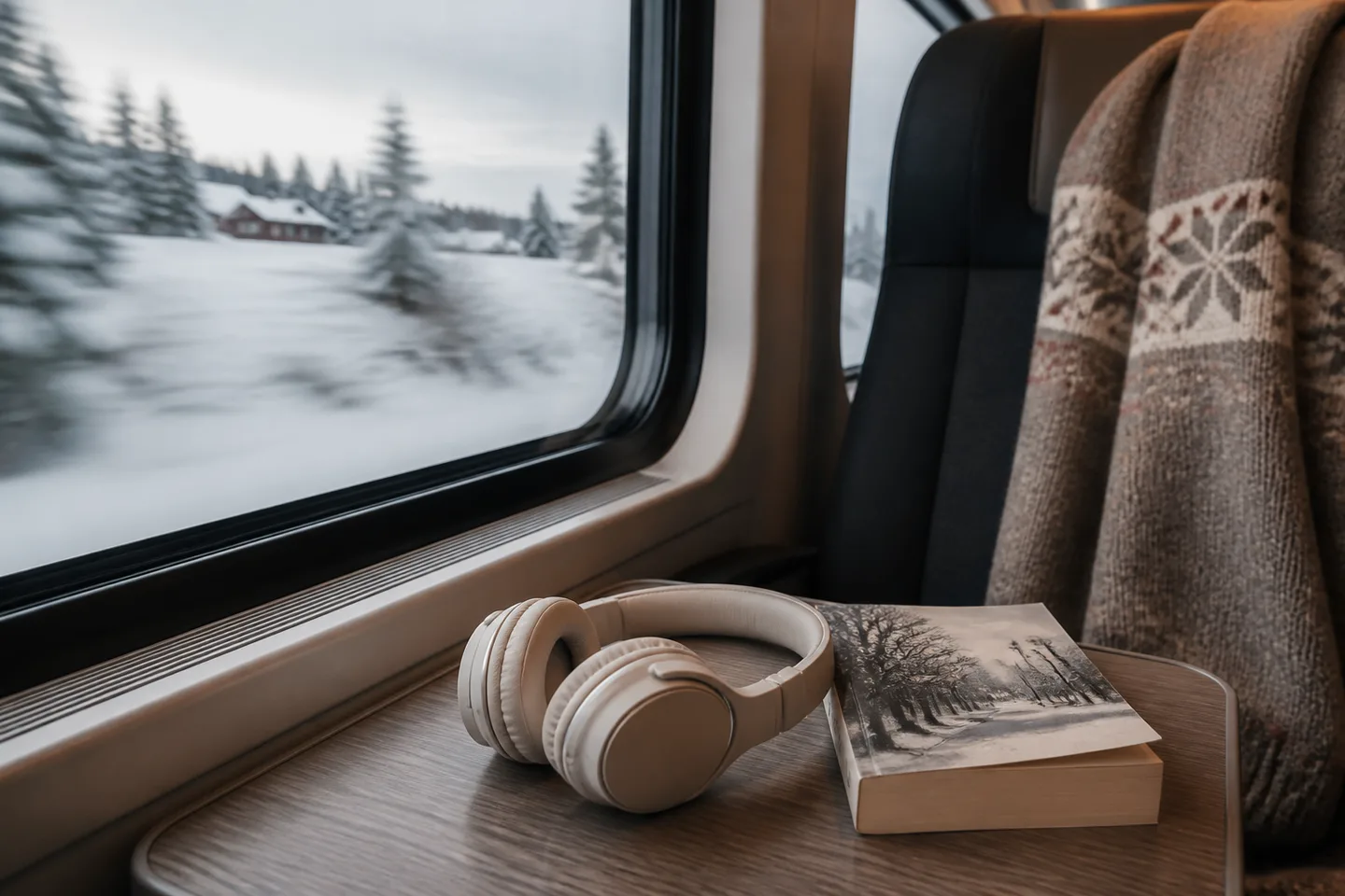 Representative over-ear headphones resting on a winter train tray table