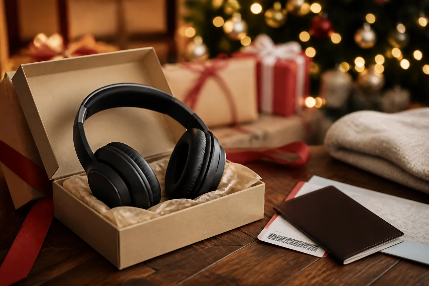 Representative over-ear headphones in a gift box beside travel documents