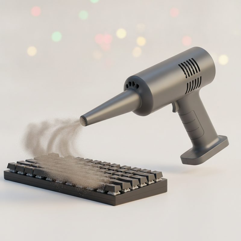 Representative handheld electric air duster blowing dust from a keyboard