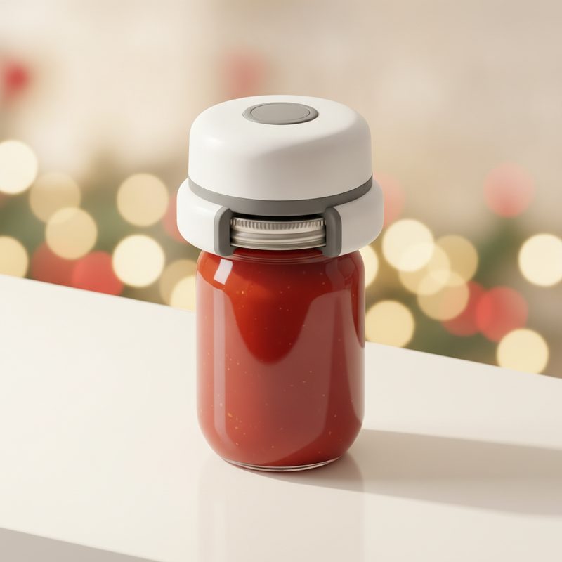 Representative electric jar opener gripping a jar lid on a kitchen counter
