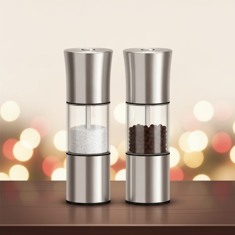 Representative pair of electric salt and pepper grinders standing on a dinner table