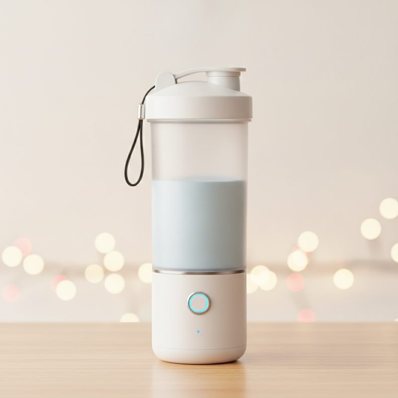 Representative electric shaker bottle mixing a drink on a kitchen counter
