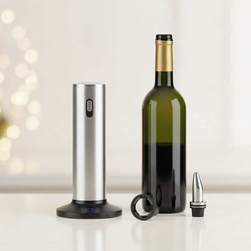 Representative electric wine opener resting beside a bottle on a kitchen counter