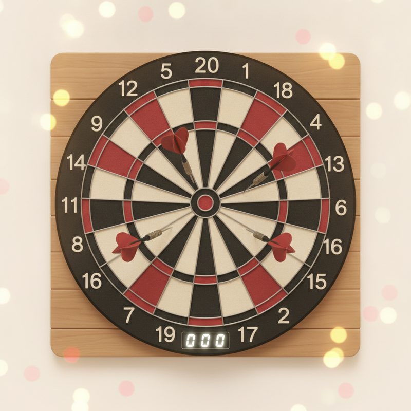 Representative electronic dartboard mounted on a rec room wall with darts