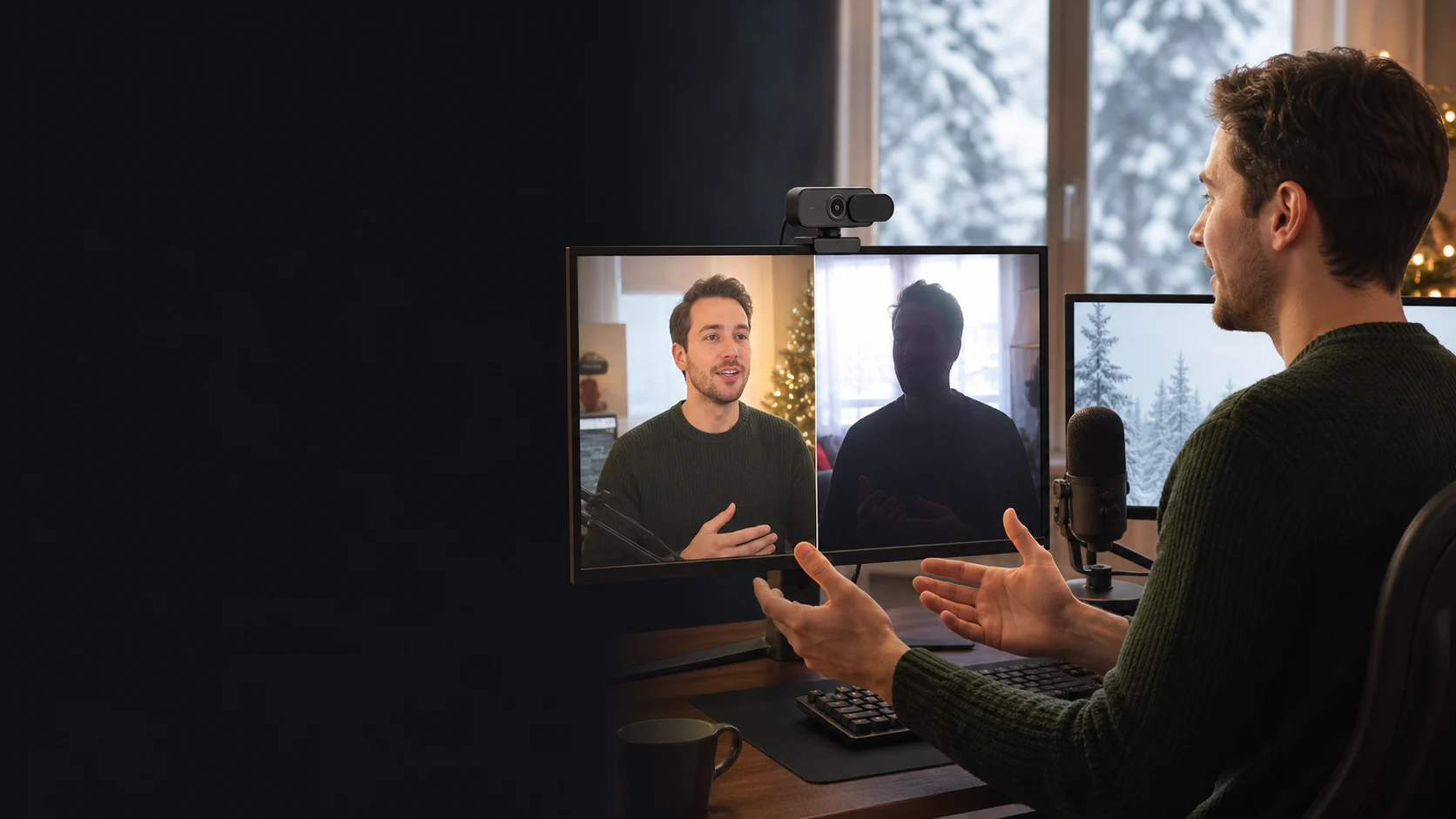 Representative creator comparing balanced and backlit webcam exposure at a streaming desk