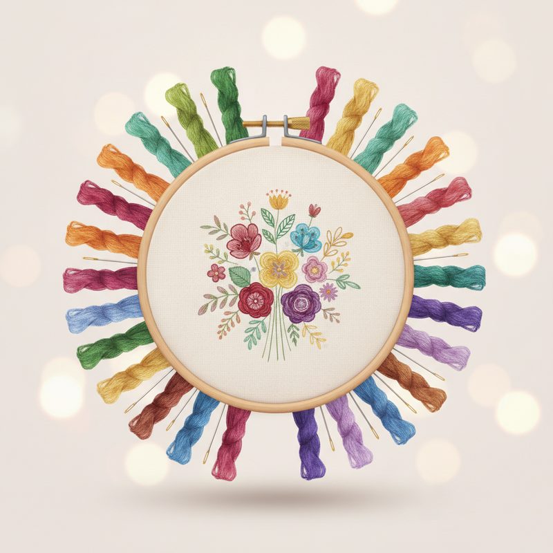 Representative embroidery hoop with a floral pattern in progress and colourful thread skeins