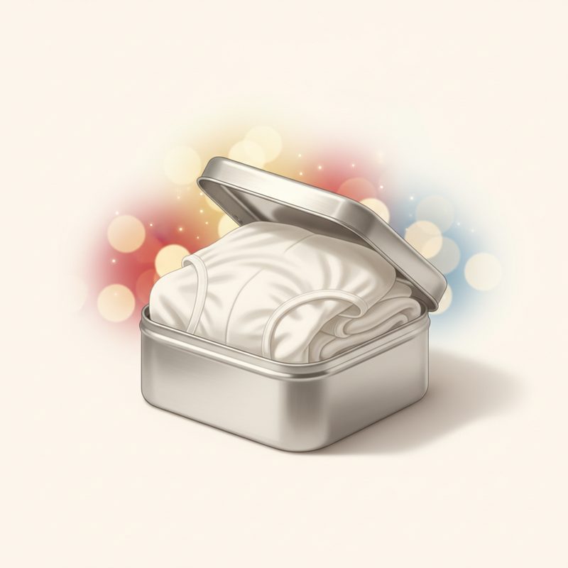 Representative small metal tin labelled as emergency underwear with folded white briefs poking out