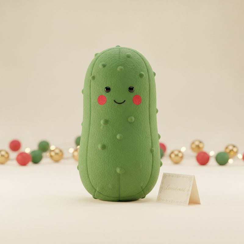Representative smiling green pickle plush toy propped on a bookshelf