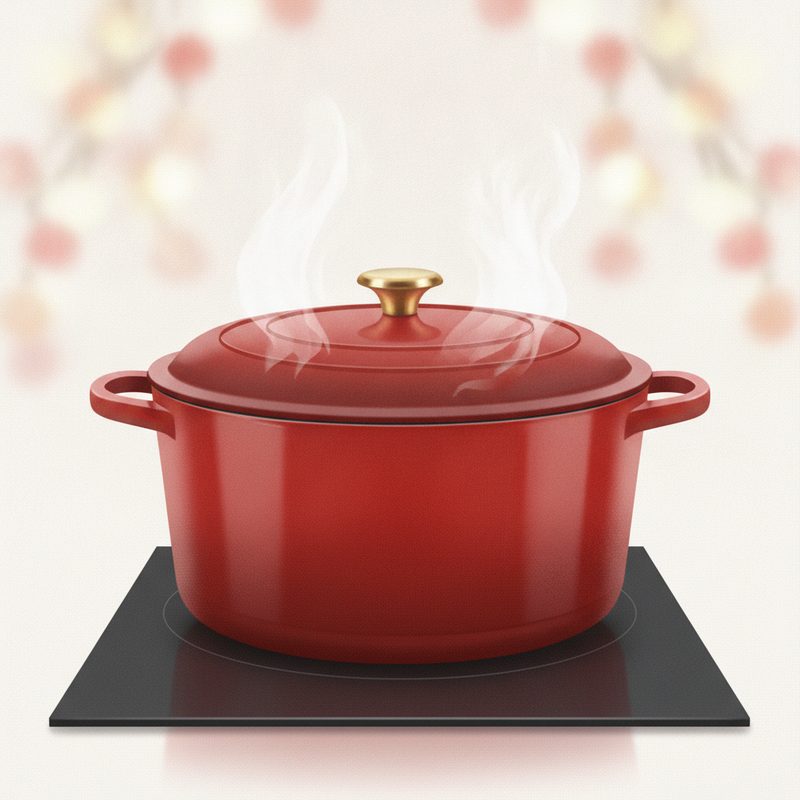 Representative enameled Dutch oven simmering on a stovetop