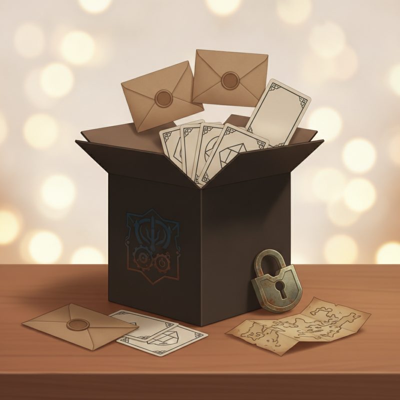 Representative escape room game box with envelopes and puzzle props on a table