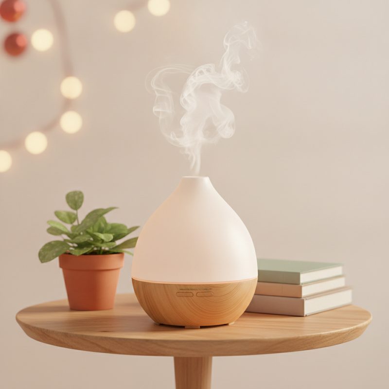 Representative wood-grain diffuser releasing gentle mist on a side table near a plant
