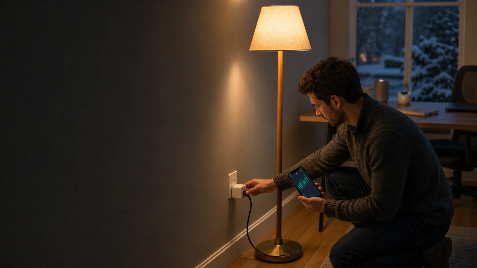 Representative Matter smart plug controlling a floor lamp while showing an abstract energy graph