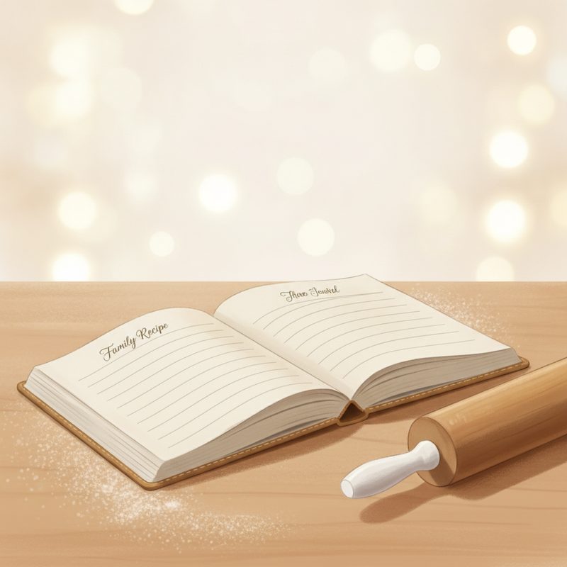 Representative linen-bound recipe journal open on a floury kitchen counter