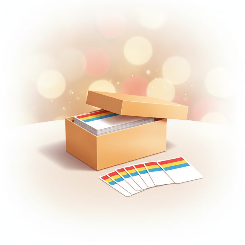 Representative trivia card game box with question cards fanned on a table