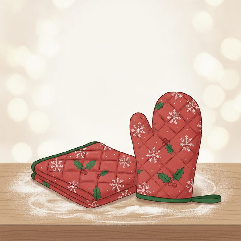 Representative holiday-patterned apron folded beside a matching oven mitt