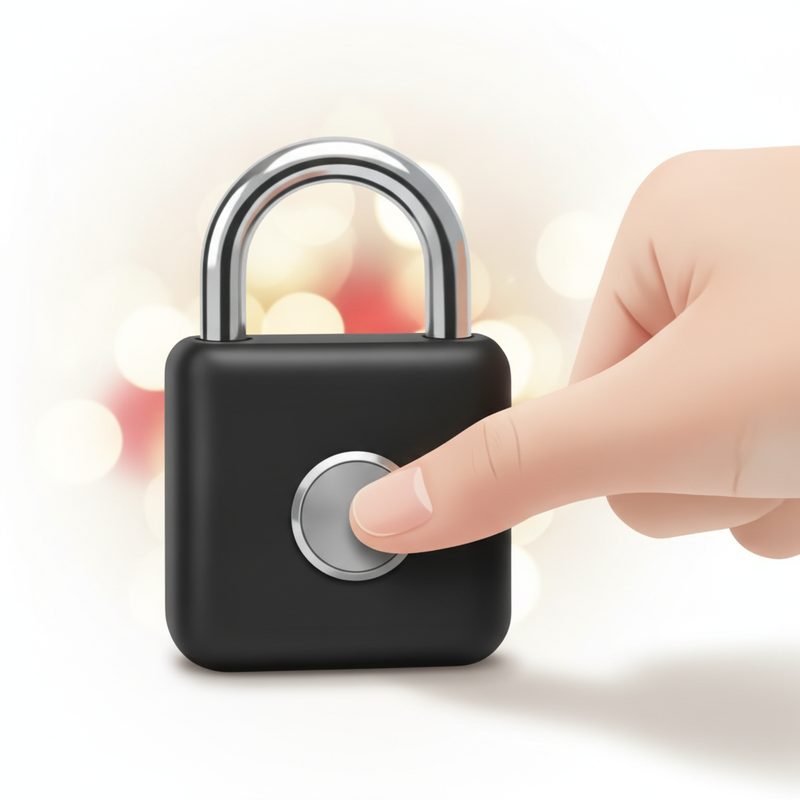 Representative fingerprint padlock with a thumb pressed on its sensor