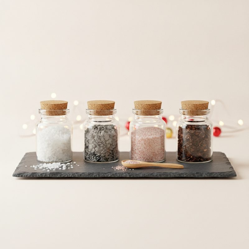 Representative finishing salt sampler with small jars of flaky and smoked salts