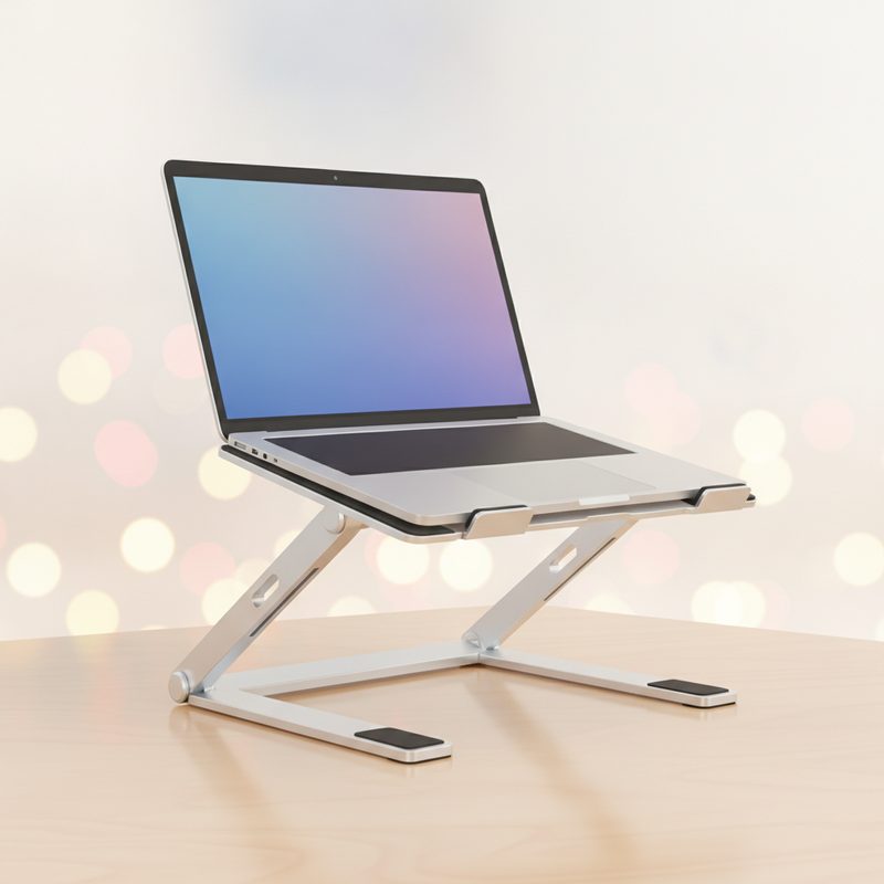 Representative aluminium laptop stand holding a raised open laptop
