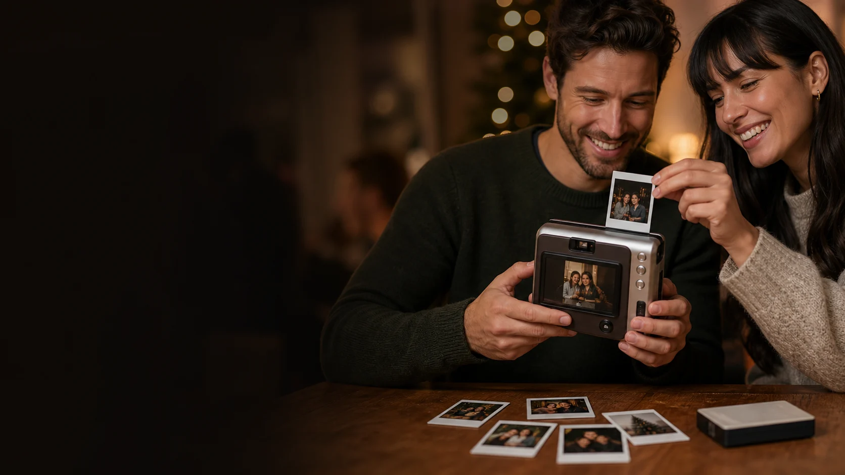 Representative friends selecting and sharing a small print from a generic hybrid instant camera