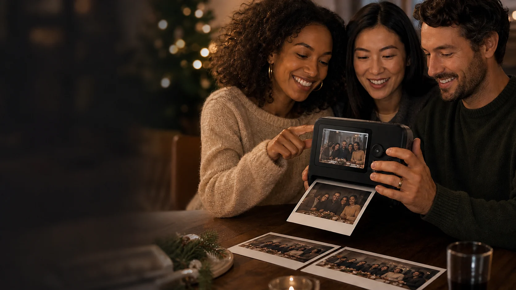 Representative friends selecting a large horizontal print from a generic hybrid instant camera