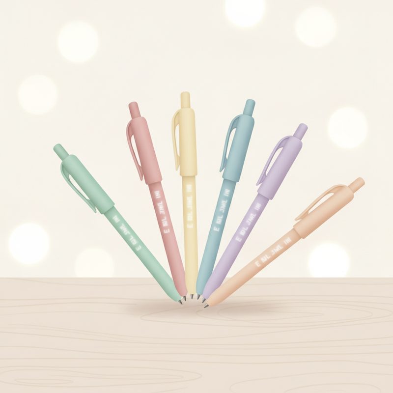 Representative set of pens printed with humorous phrases fanned out on a desk