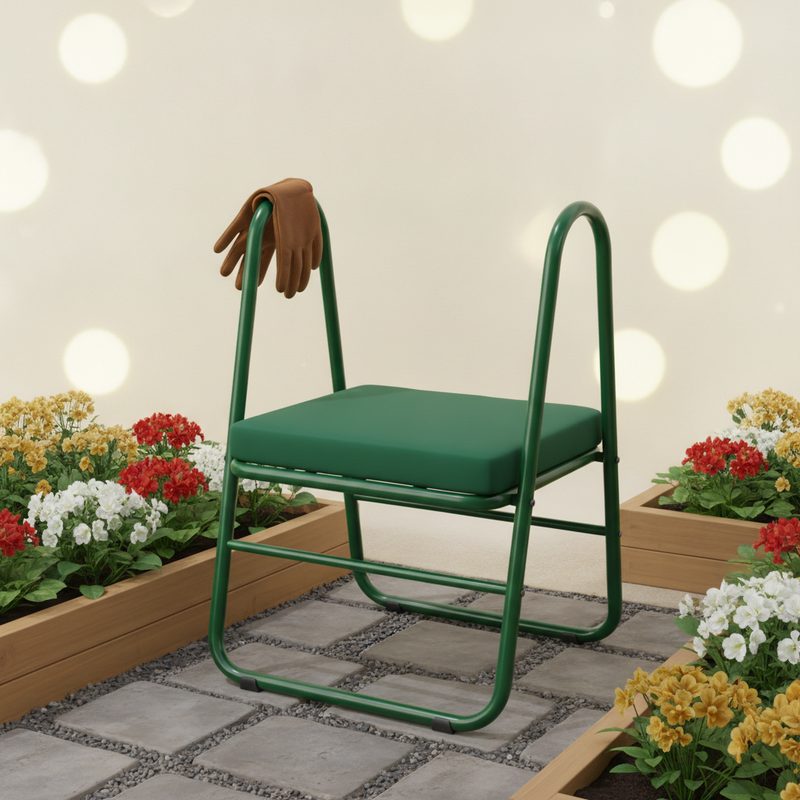 Representative folding garden kneeler bench beside raised flower beds