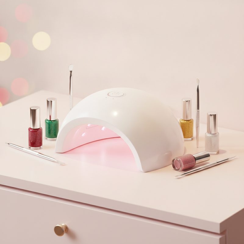 Representative gel nail curing lamp with polish bottles on a vanity