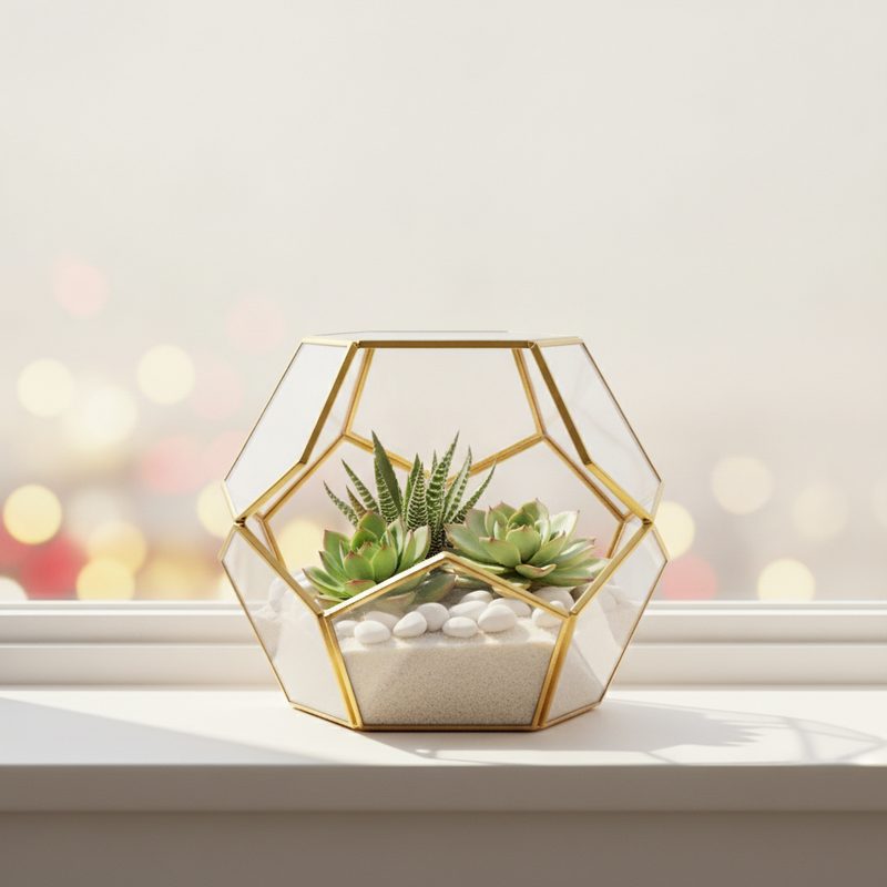 Representative geometric glass terrarium with small succulents on a windowsill